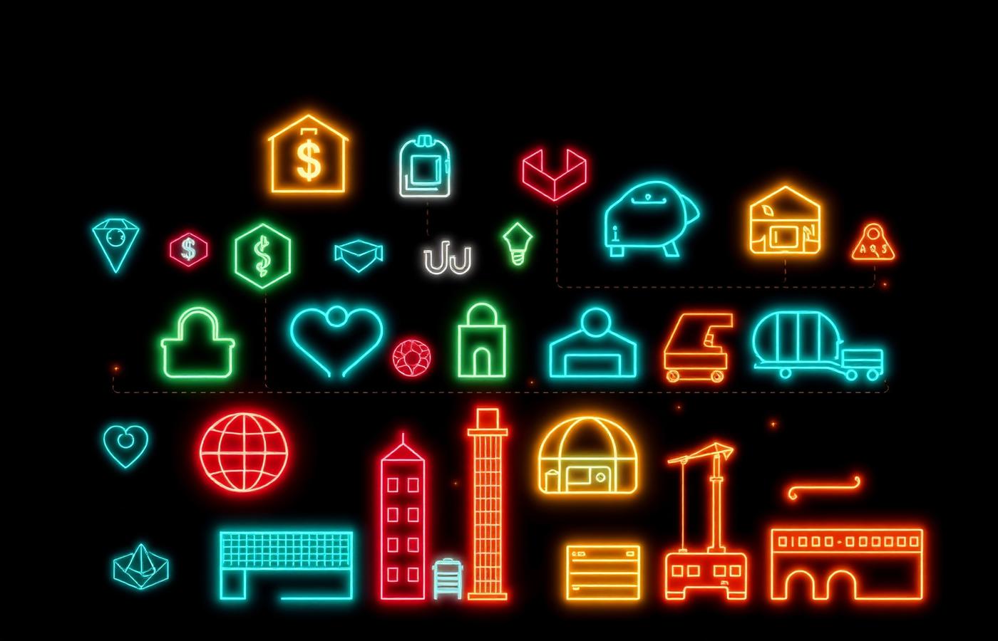 Neon icons representing finance, healthcare, retail, logistics and manufacturing