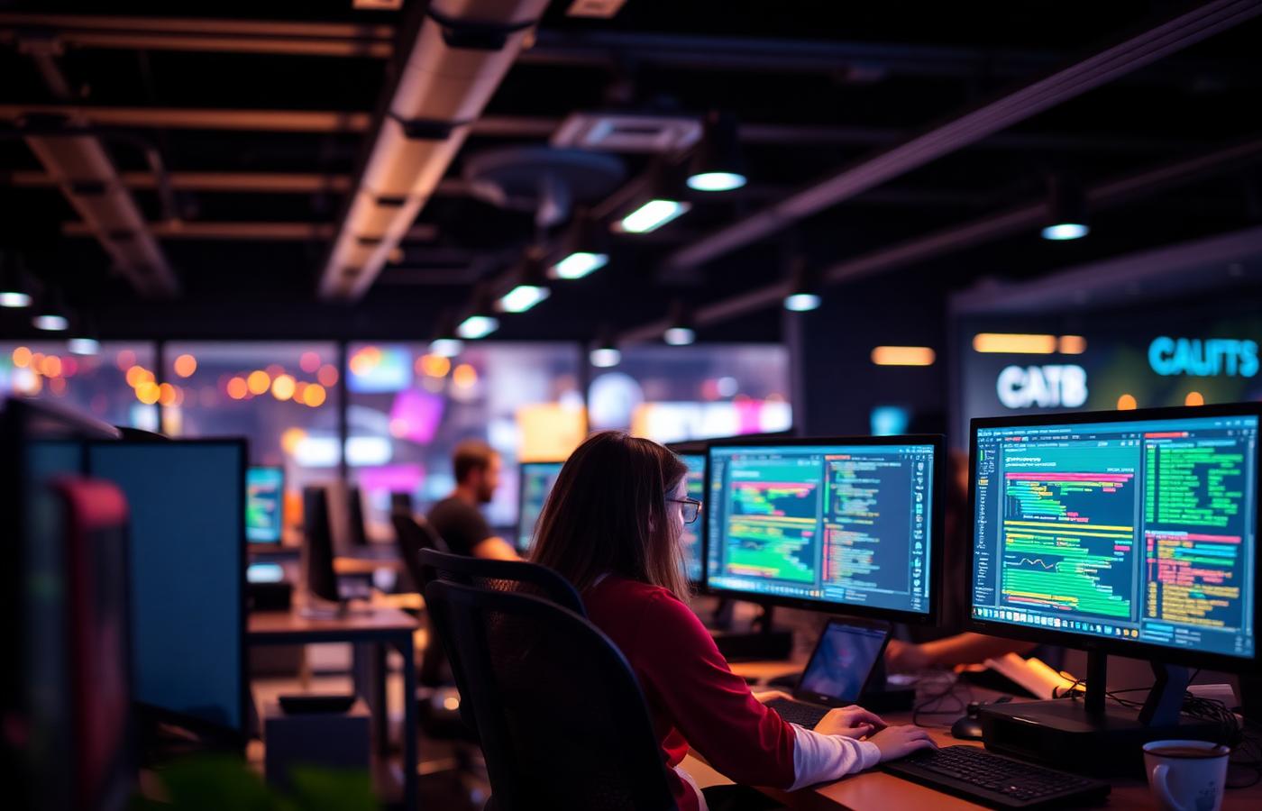 Software engineer working on multiple monitors in a colorful tech office