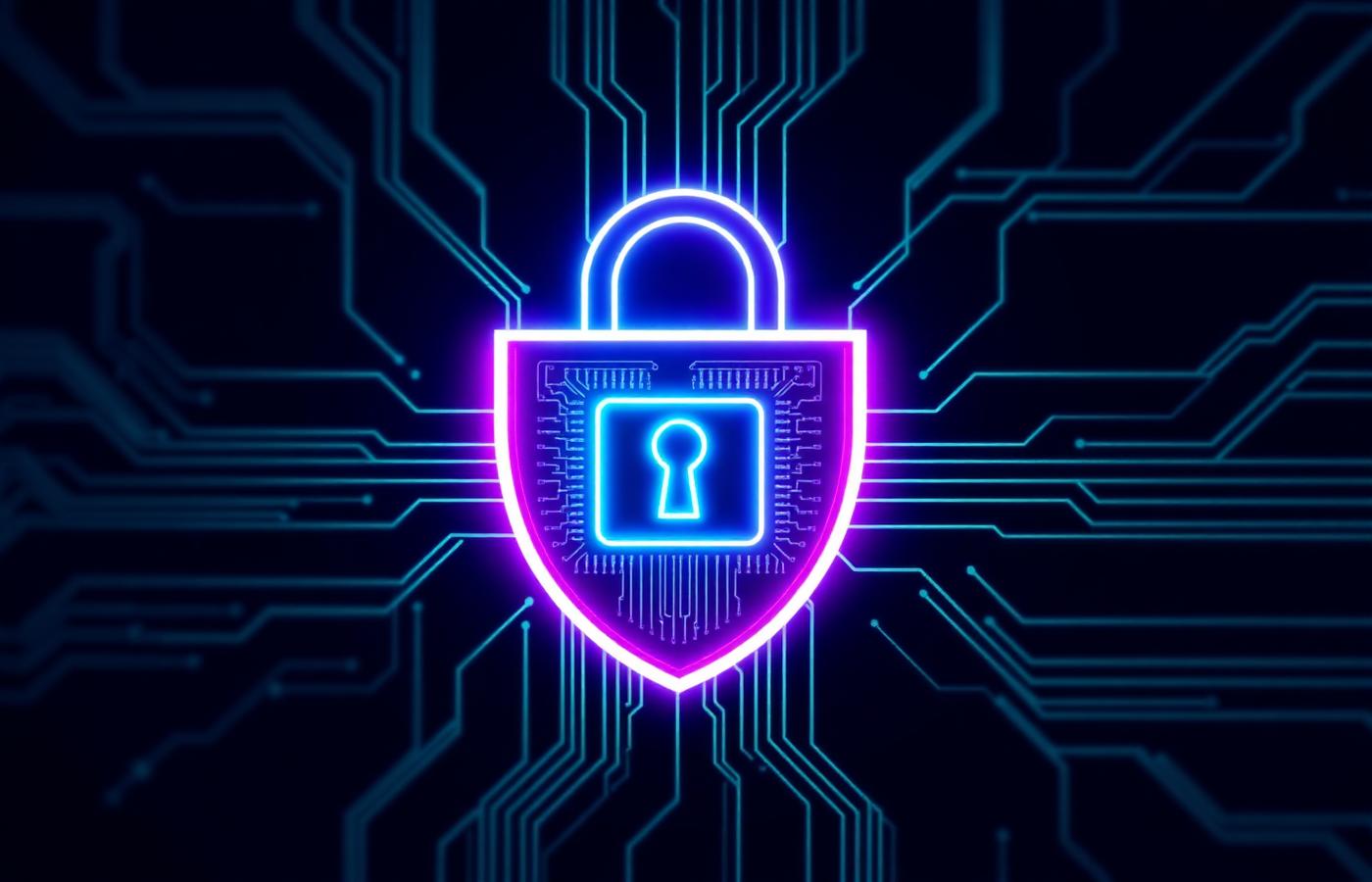 Neon padlock on a shield surrounded by circuit traces representing cybersecurity