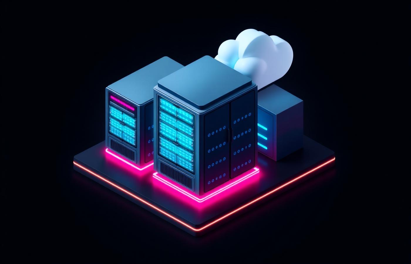 Isometric cloud architecture with glowing data center modules