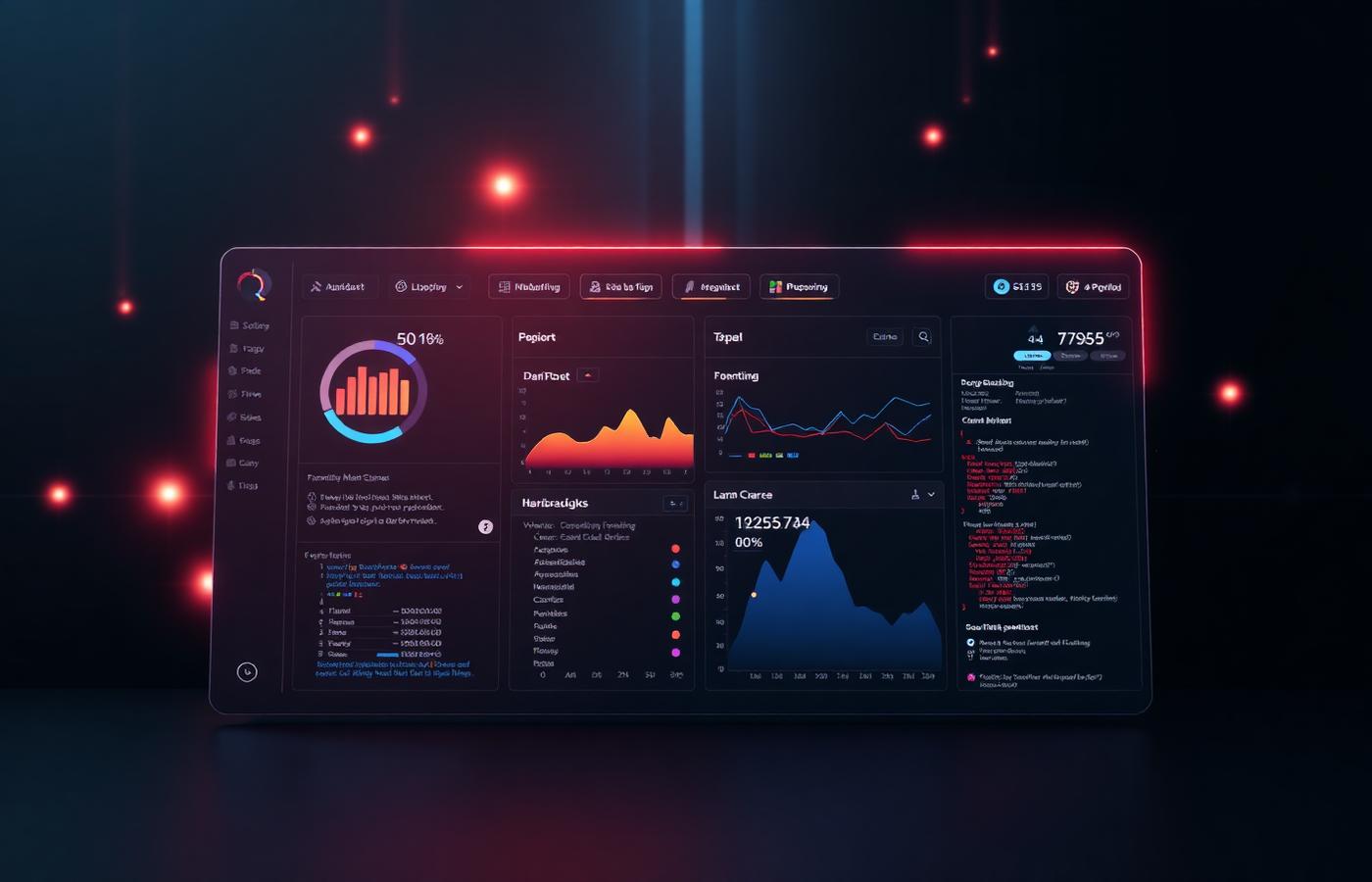 Software dashboard interface mockup with charts, tables and code panel