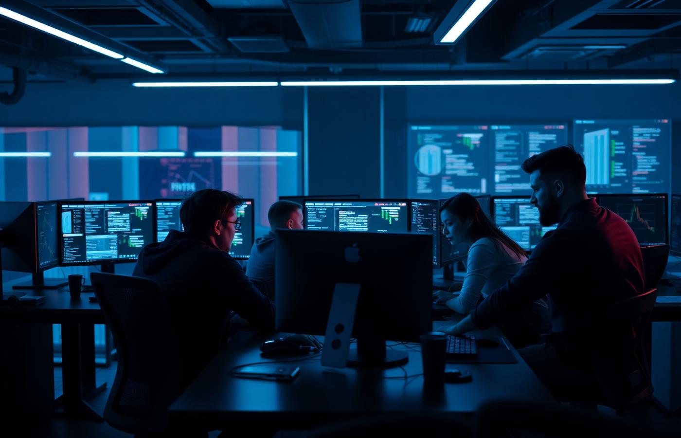 Engineering team collaborating around screens in a modern office